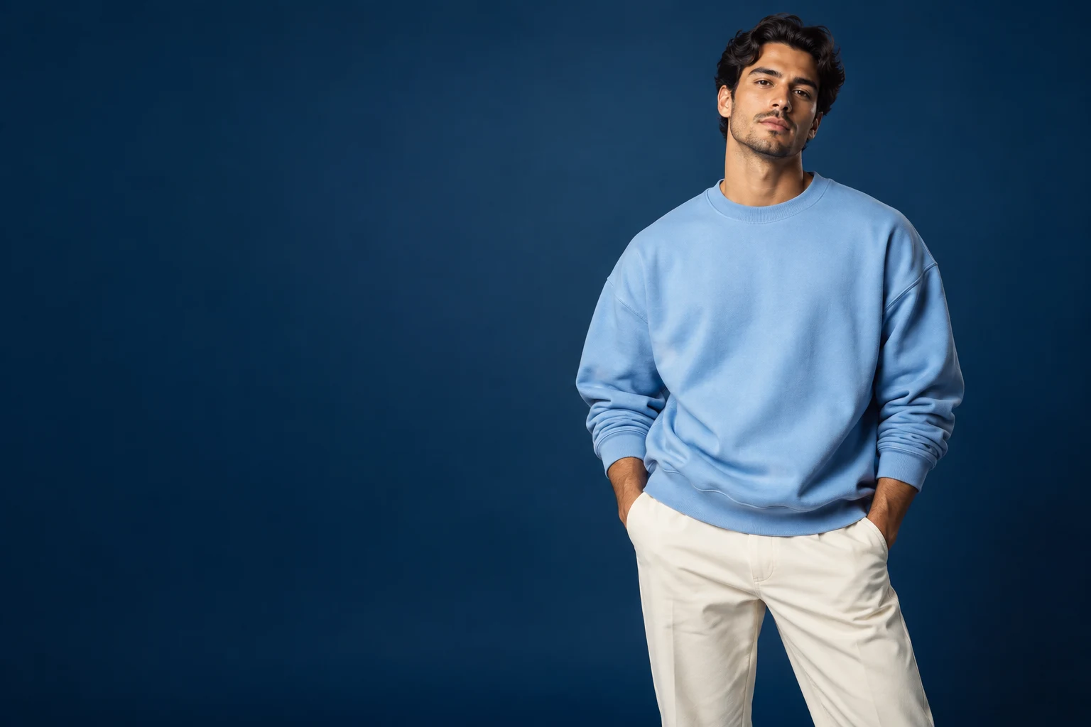 Modelo con buzo azul claro y pantalón crema