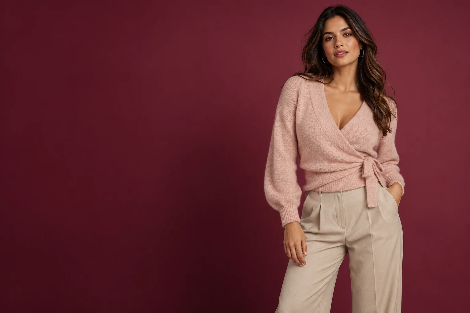 Modelo con cardigan rosa cruzado y pantalón color piedra
